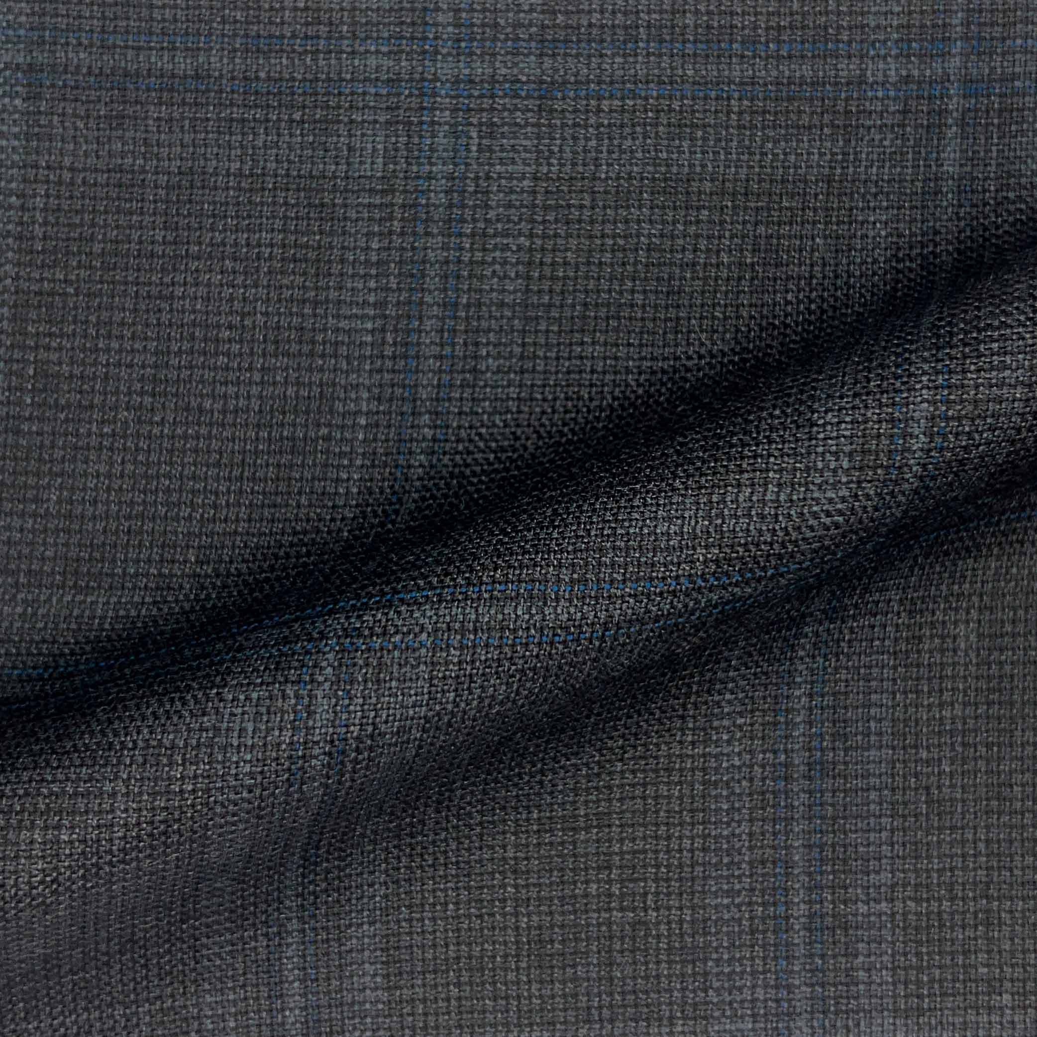 Westwood Hart Online Custom Hand Tailor Suits Sportcoats Trousers Waistcoats Overcoats Charcoal Grey With Fine Blue Windowpane