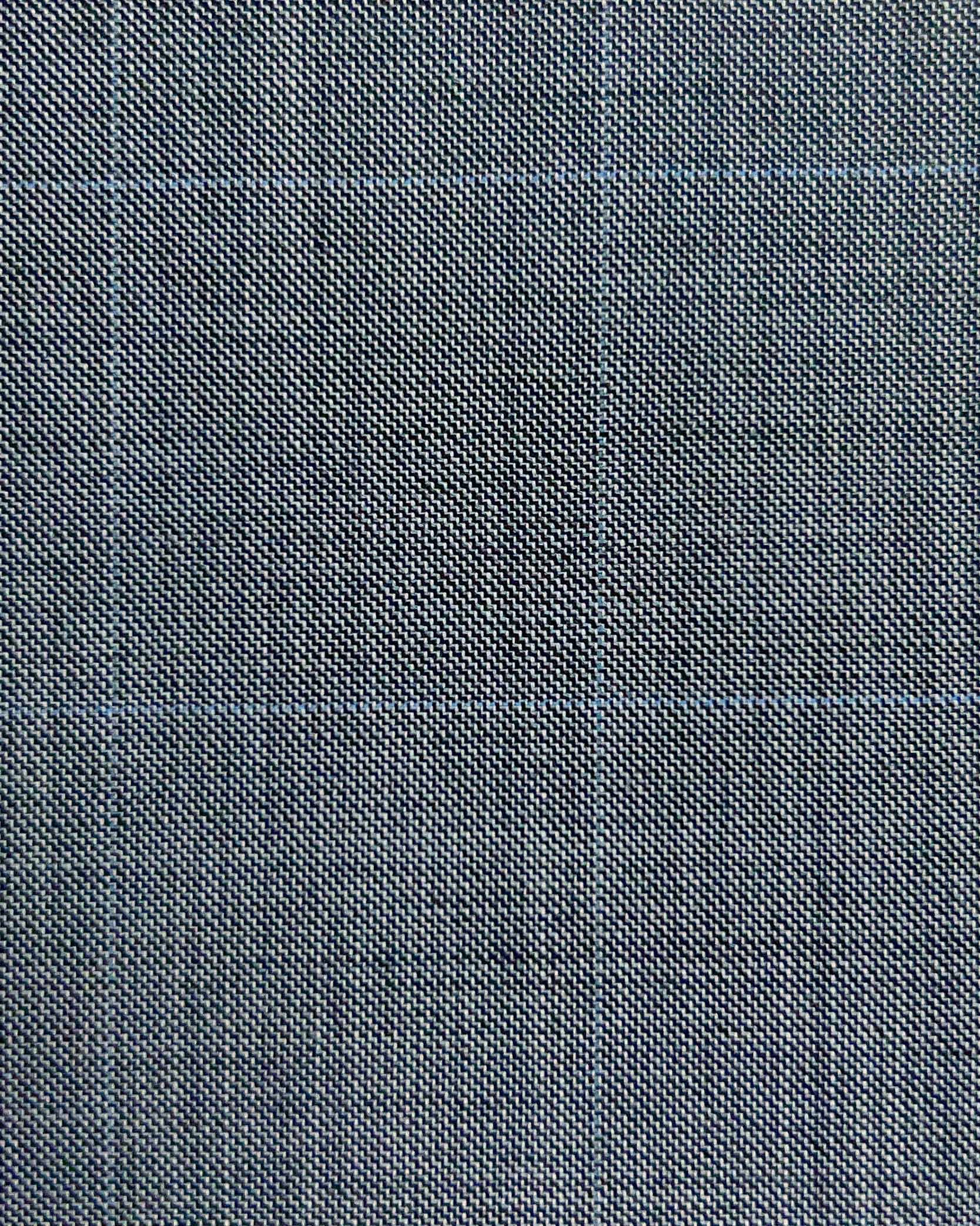Westwood Hart Online Custom Hand Tailor Suits Sportcoats Trousers Waistcoats Overcoats Steel Grey With Fine Blue Windowpane Design