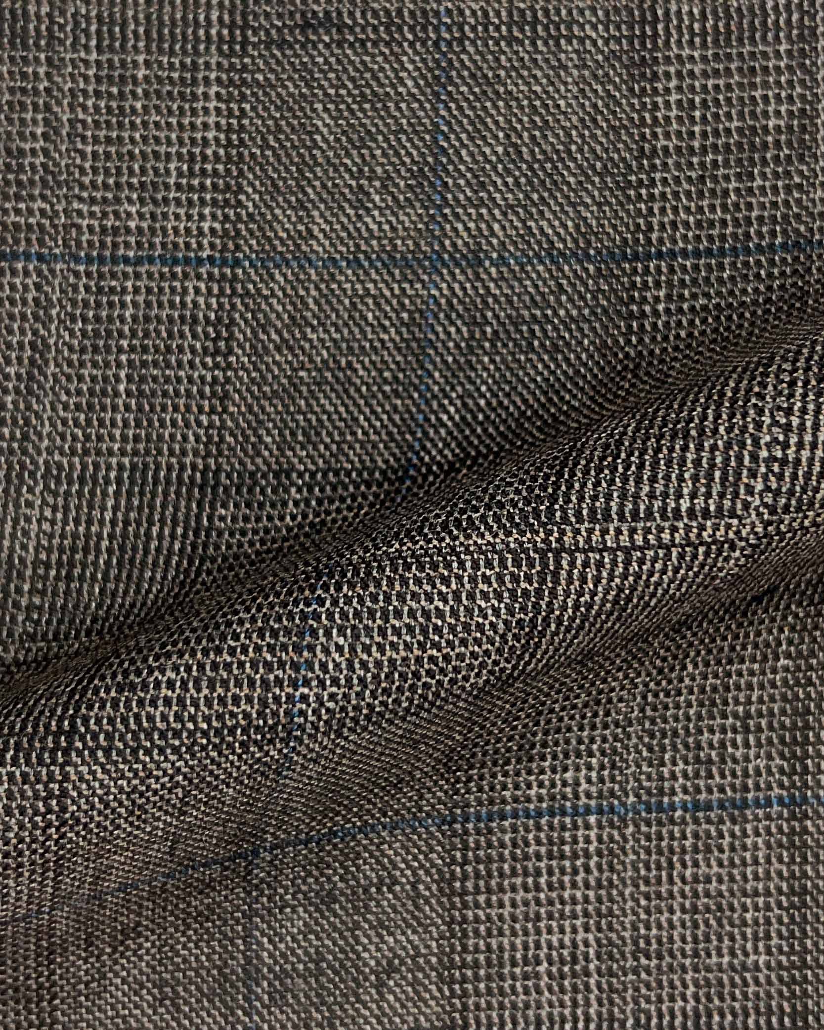 Westwood Hart Online Custom Hand Tailor Suits Sportcoats Trousers Waistcoats Overcoats Pastel Brown With Fine Blue Windowpane