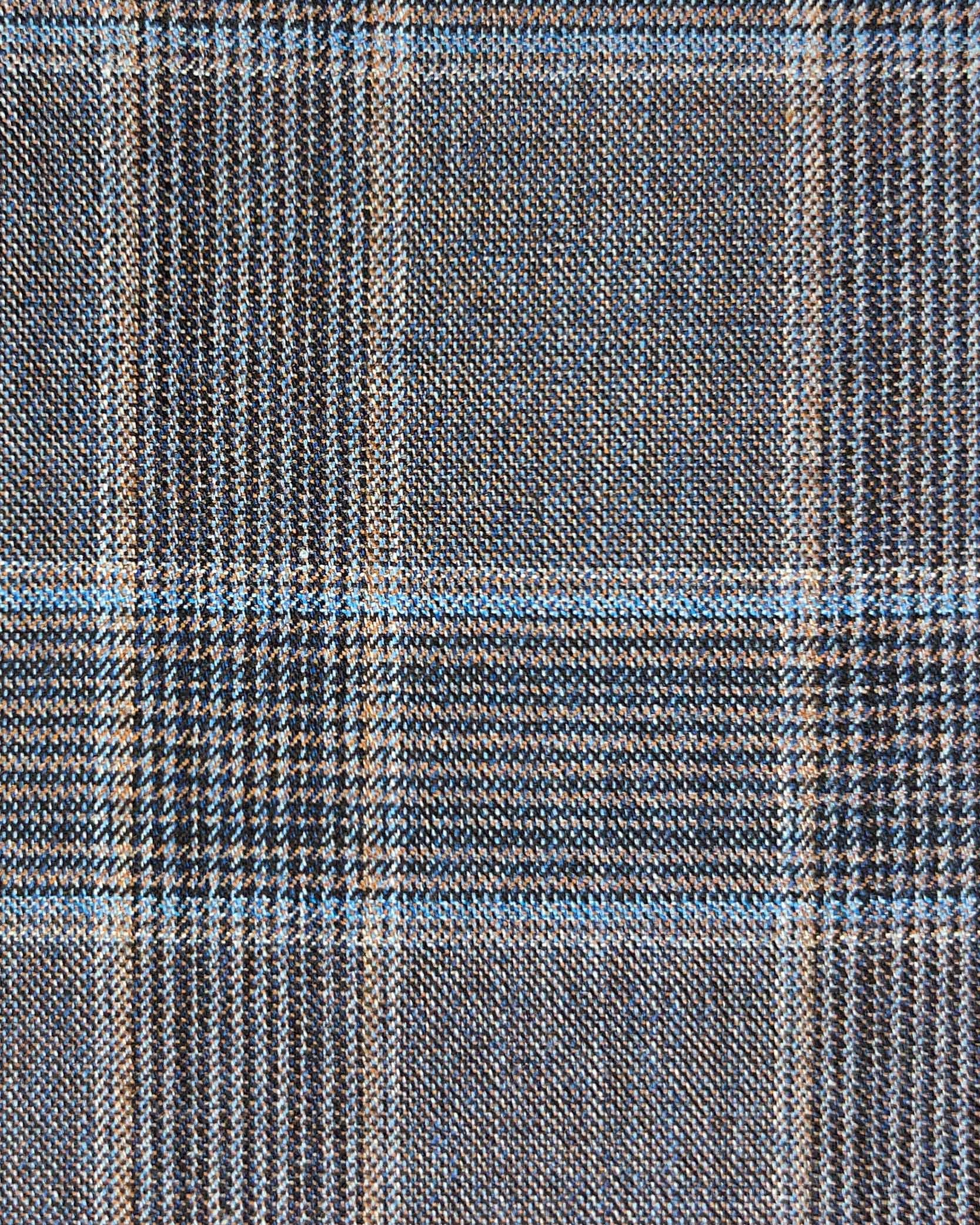 Westwood Hart Online Custom Hand Tailor Suits Sportcoats Trousers Waistcoats Overcoats Steel Grey Prince Of Wales Glen Plaid With Blue And Brown Windowpane