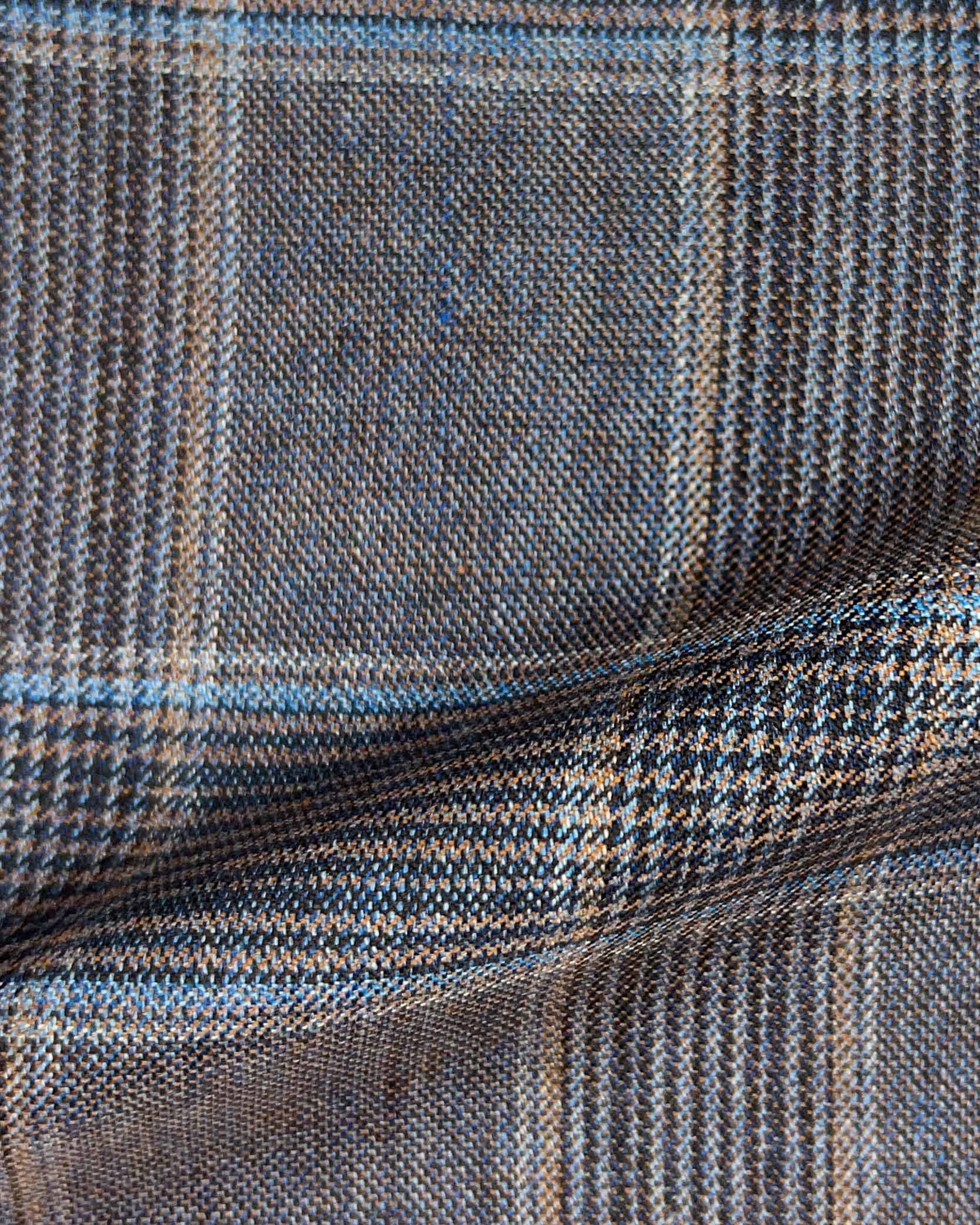 Westwood Hart Online Custom Hand Tailor Suits Sportcoats Trousers Waistcoats Overcoats Steel Grey Prince Of Wales Glen Plaid With Blue And Brown Windowpane