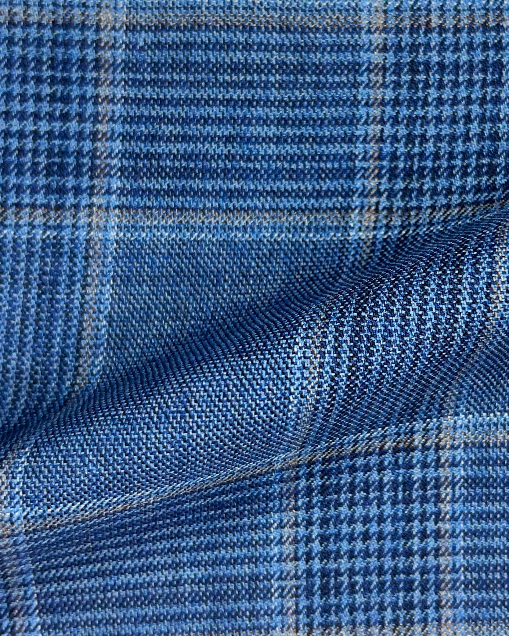 Westwood Hart Online Custom Hand Tailor Suits Sportcoats Trousers Waistcoats Overcoats Light Blue Prince Of Wales Glen Plaid With Tan Windowpane