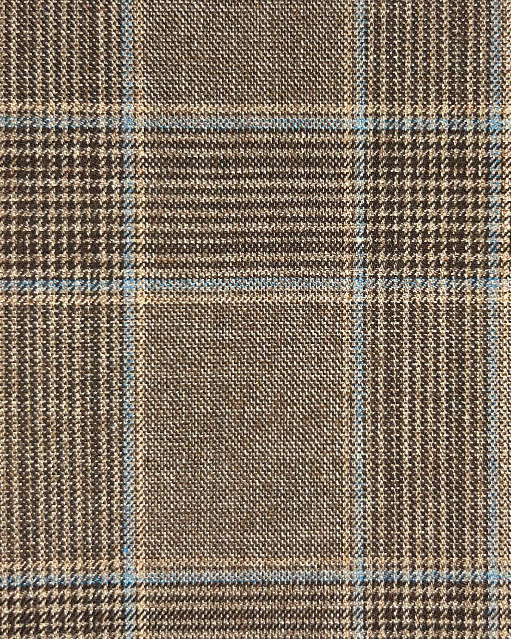 Westwood Hart Online Custom Hand Tailor Suits Sportcoats Trousers Waistcoats Overcoats Mocha Brown Prince Of Wales Glen Plaid With Blue Windowpane