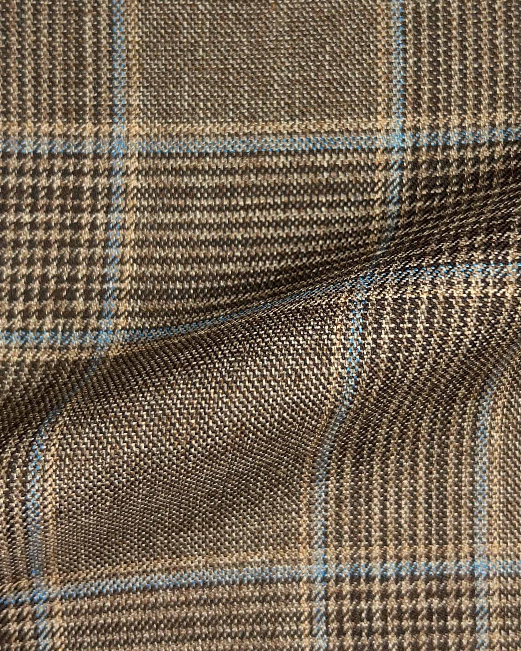 Westwood Hart Online Custom Hand Tailor Suits Sportcoats Trousers Waistcoats Overcoats Mocha Brown Prince Of Wales Glen Plaid With Blue Windowpane