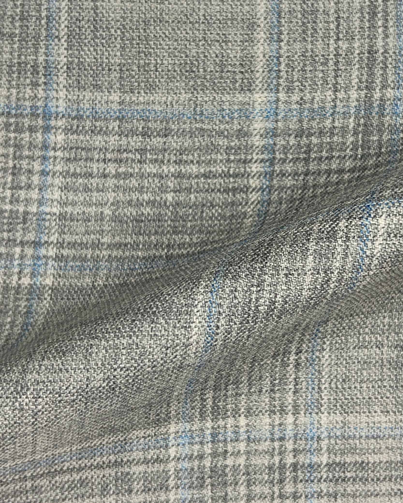 Westwood Hart Online Custom Hand Tailor Suits Sportcoats Trousers Waistcoats Overcoats Light Grey Prince Of Wales Glen Plaid With Blue Windowpane