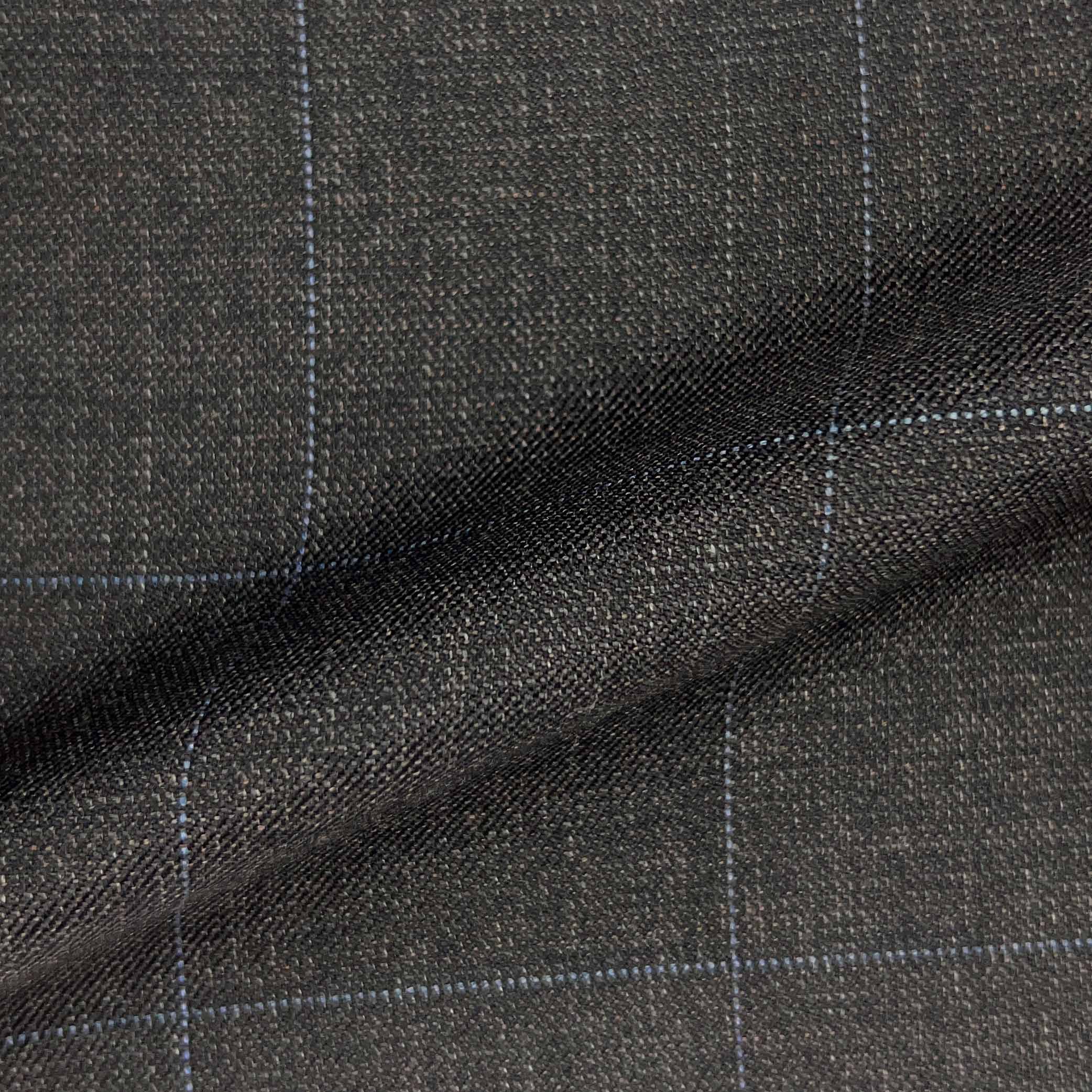 Westwood Hart Online Custom Hand Tailor Suits Sportcoats Trousers Waistcoats Overcoats Slate Brown With Fine Blue Windowpane