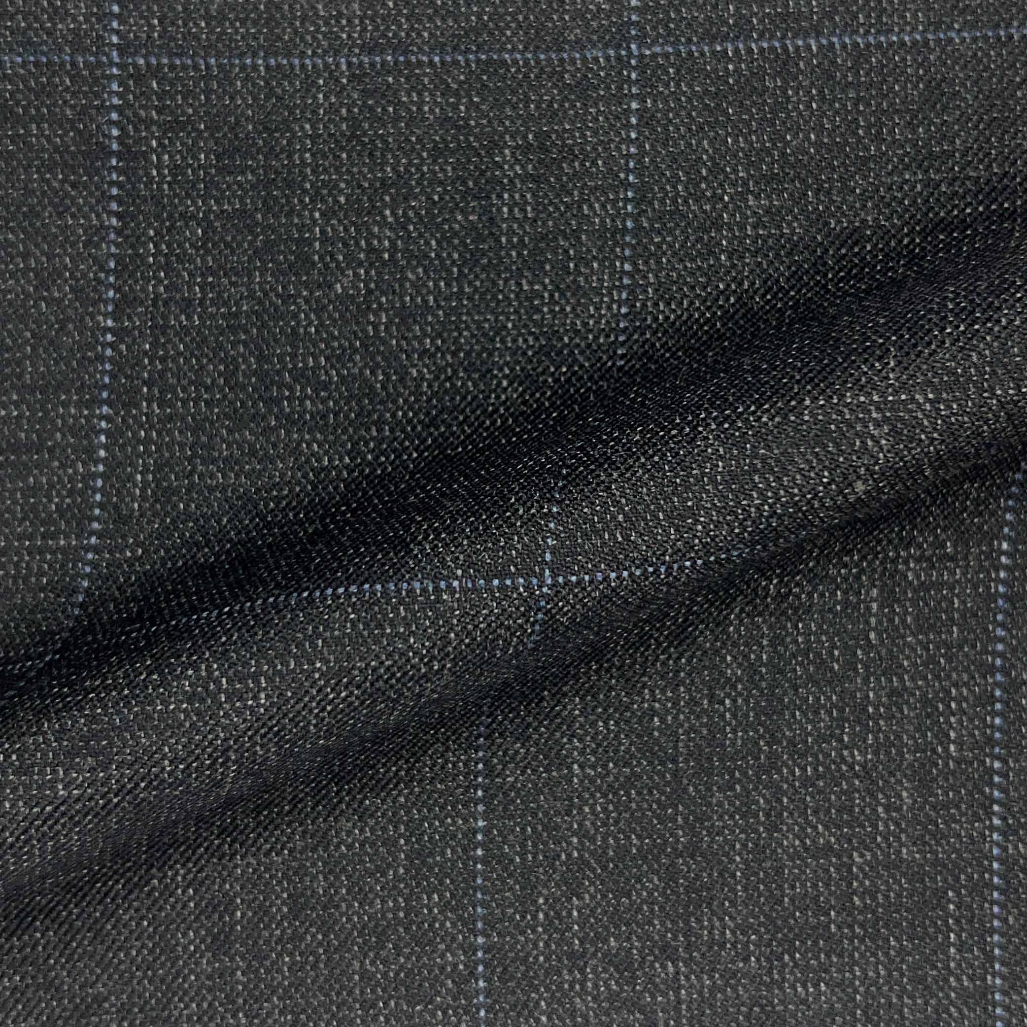 Westwood Hart Online Custom Hand Tailor Suits Sportcoats Trousers Waistcoats Overcoats Charcoal Black With Fine Blue Windowpane