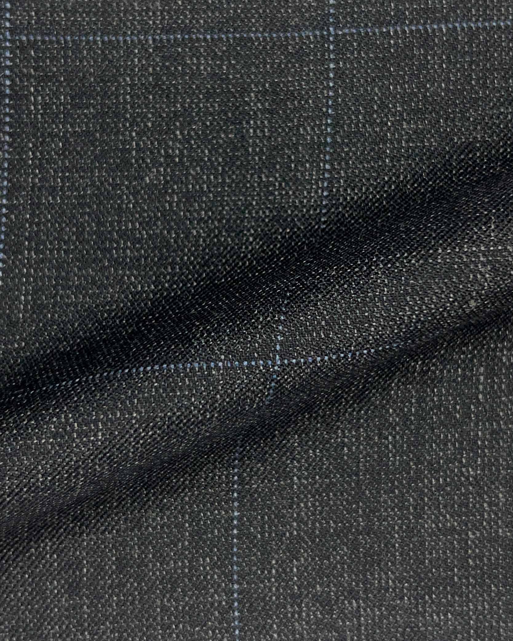 Westwood Hart Online Custom Hand Tailor Suits Sportcoats Trousers Waistcoats Overcoats Charcoal Black With Fine Blue Windowpane