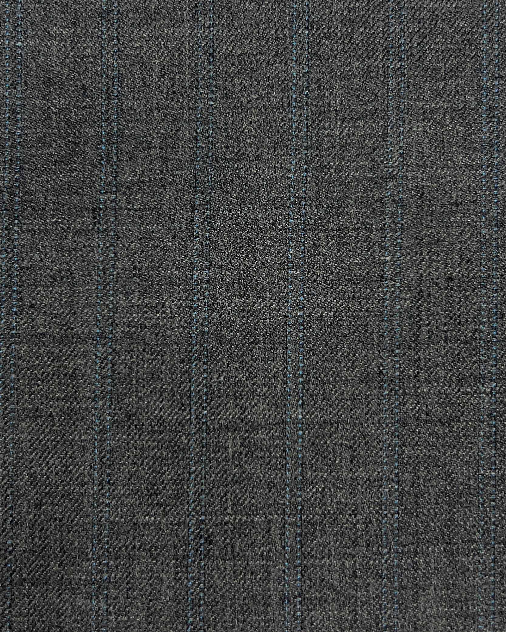 Westwood Hart Online Custom Hand Tailor Suits Sportcoats Trousers Waistcoats Overcoats Medium Grey With Fine Sky Blue Double Stripes Design