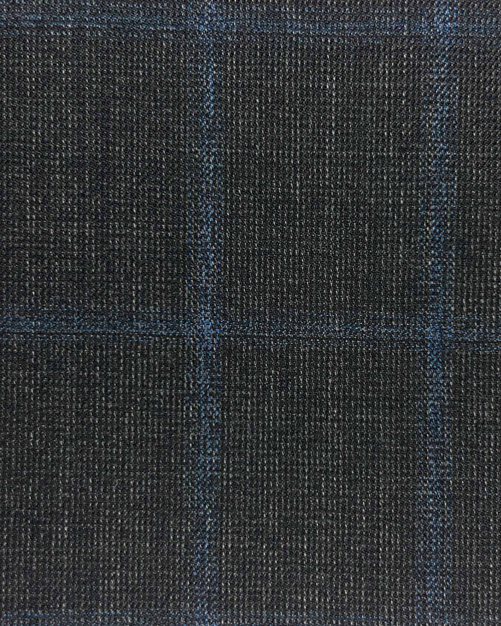Westwood Hart Online Custom Hand Tailor Suits Sportcoats Trousers Waistcoats Overcoats Charcoal Black With Fine Blue Windowpane