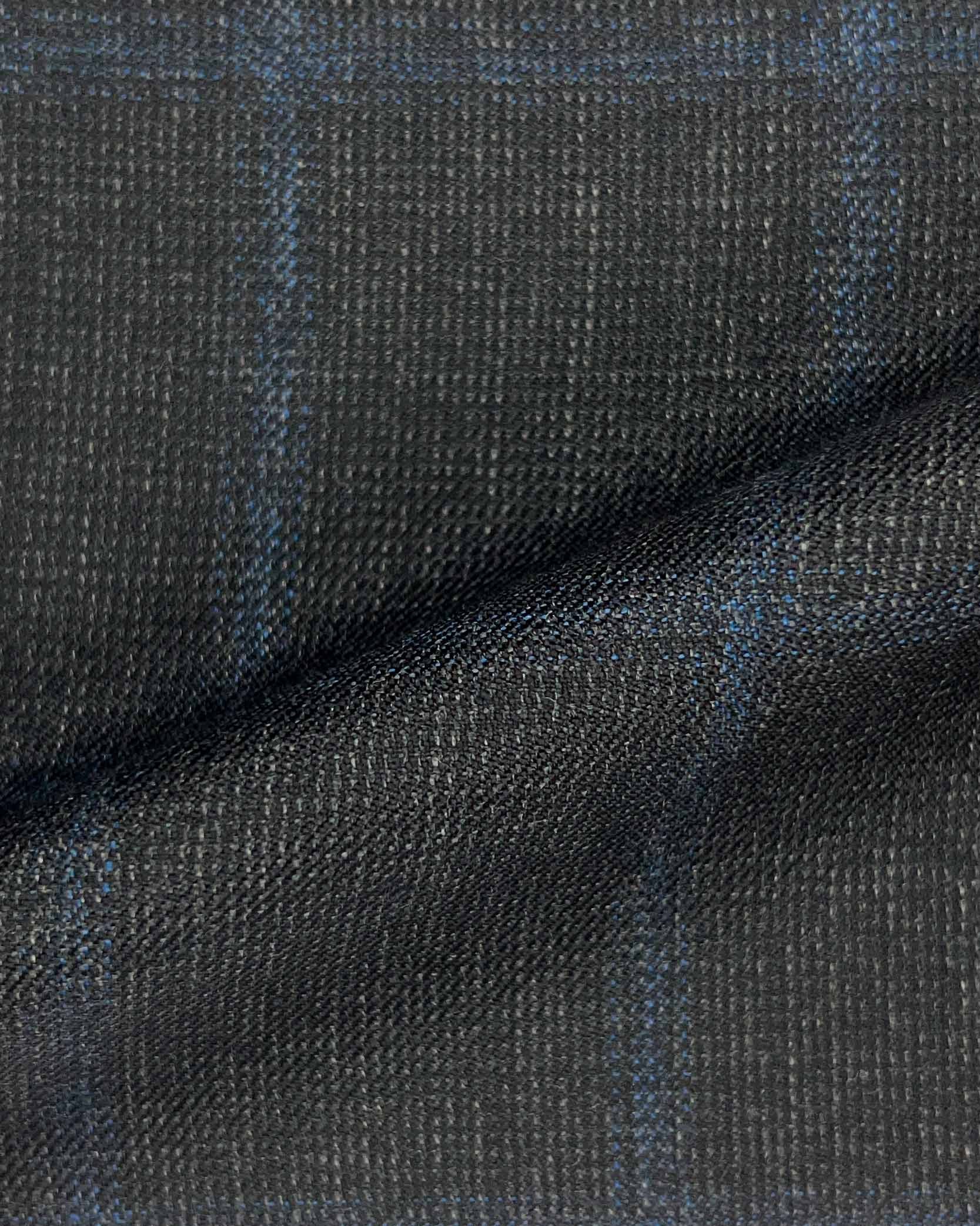 Westwood Hart Online Custom Hand Tailor Suits Sportcoats Trousers Waistcoats Overcoats Charcoal Black With Fine Blue Windowpane