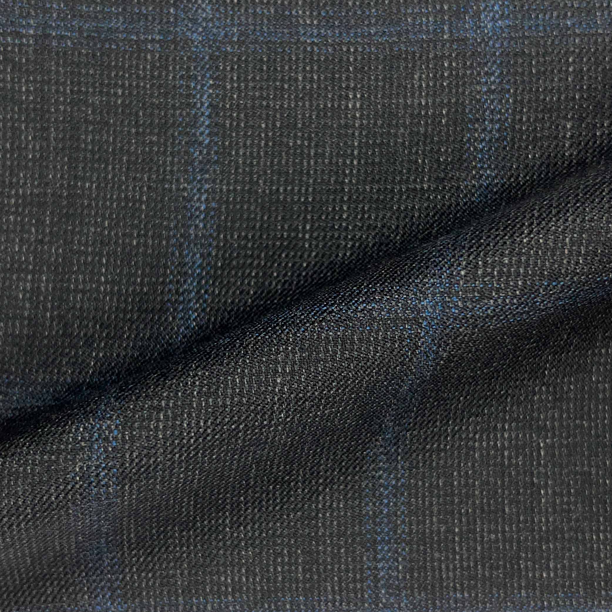 Westwood Hart Online Custom Hand Tailor Suits Sportcoats Trousers Waistcoats Overcoats Charcoal Black With Fine Blue Windowpane