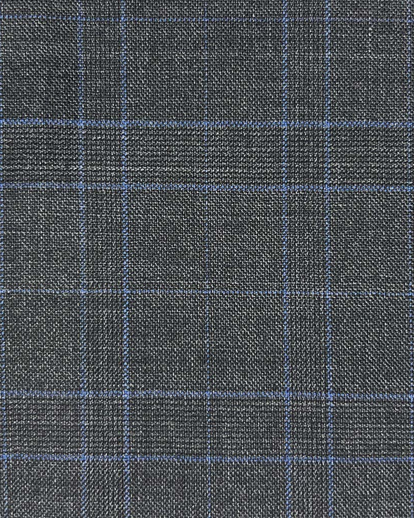 Westwood Hart Online Custom Hand Tailor Suits Sportcoats Trousers Waistcoats Overcoats Made To Measure Formalwear Tuxedo Charcoal Grey With Royal Blue Glen Plaid With Comfort Stretch