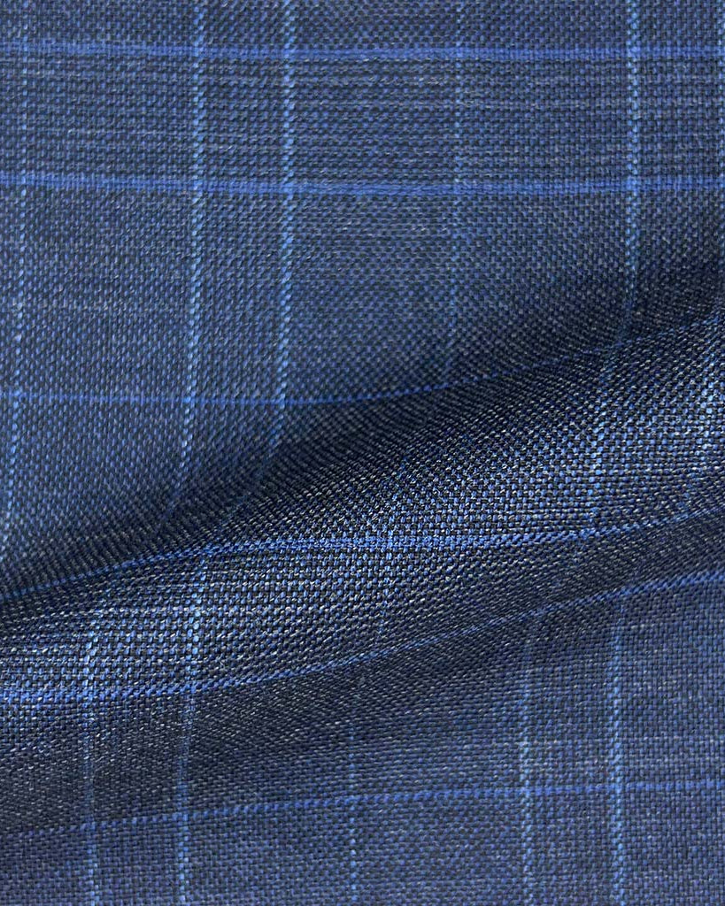 Westwood Hart Online Custom Hand Tailor Suits Sportcoats Trousers Waistcoats Overcoats Made To Measure Formalwear Tuxedo Denim Blue With Royal Blue Glen Plaid With Comfort Stretch