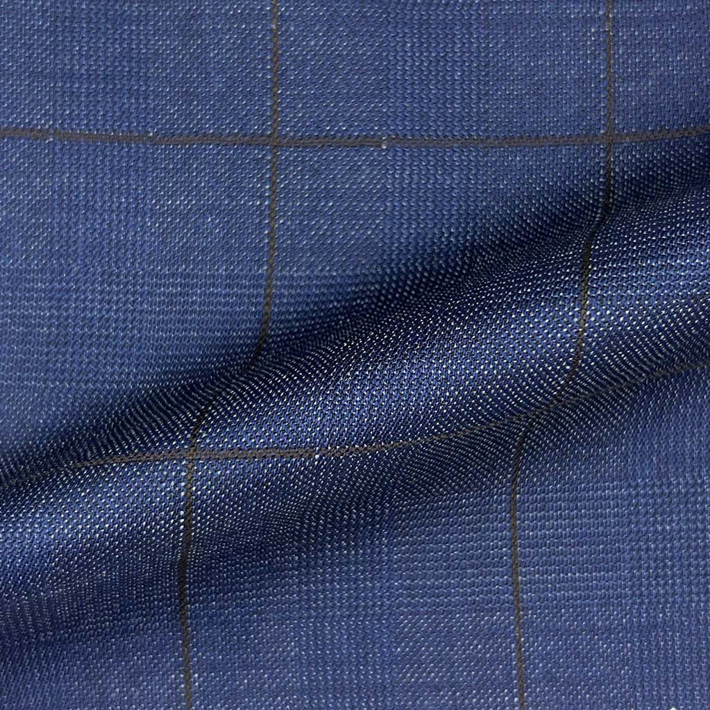 Westwood Hart Online Custom Hand Tailor Suits Sportcoats Trousers Waistcoats Overcoats Made To Measure Formalwear Tuxedo Denim Blue Glen Plaid With Chocolate Brown Windowpane With Comfort Stretch