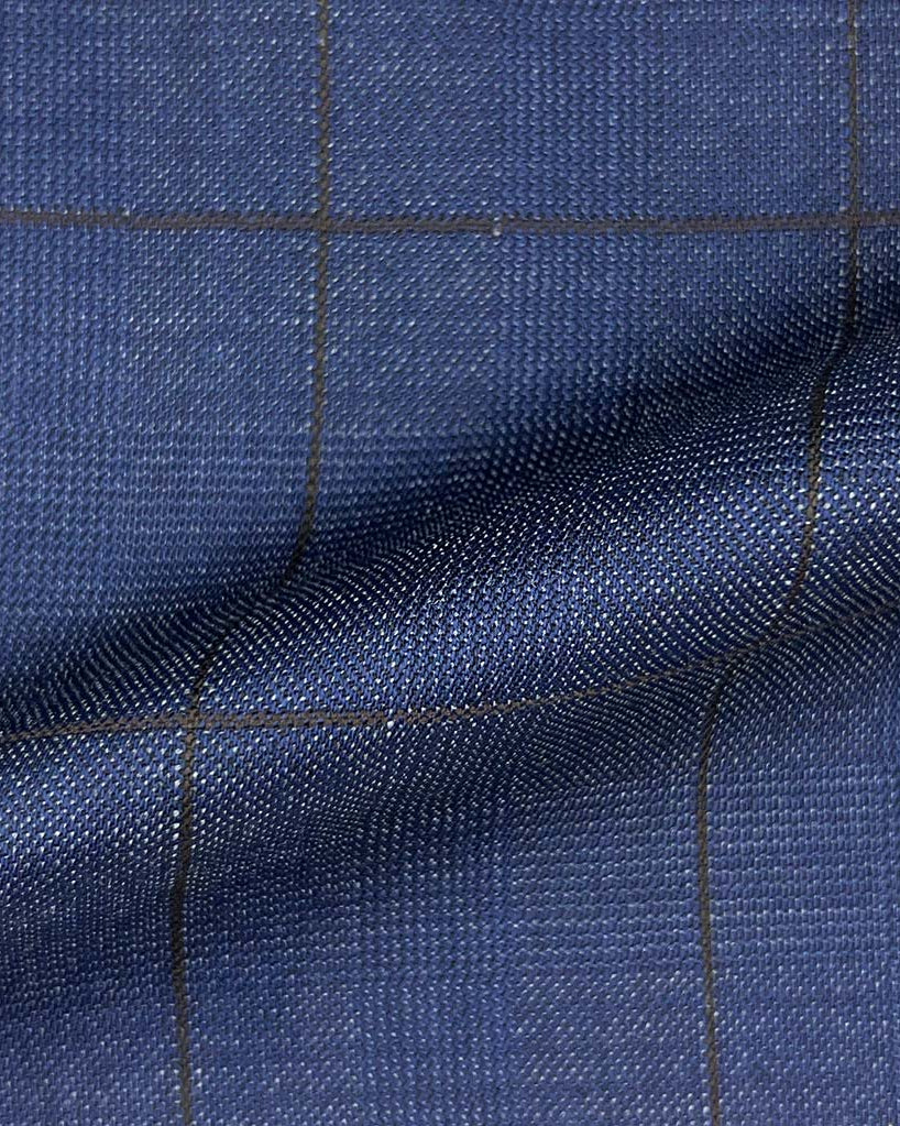 Westwood Hart Online Custom Hand Tailor Suits Sportcoats Trousers Waistcoats Overcoats Made To Measure Formalwear Tuxedo Denim Blue Glen Plaid With Chocolate Brown Windowpane With Comfort Stretch