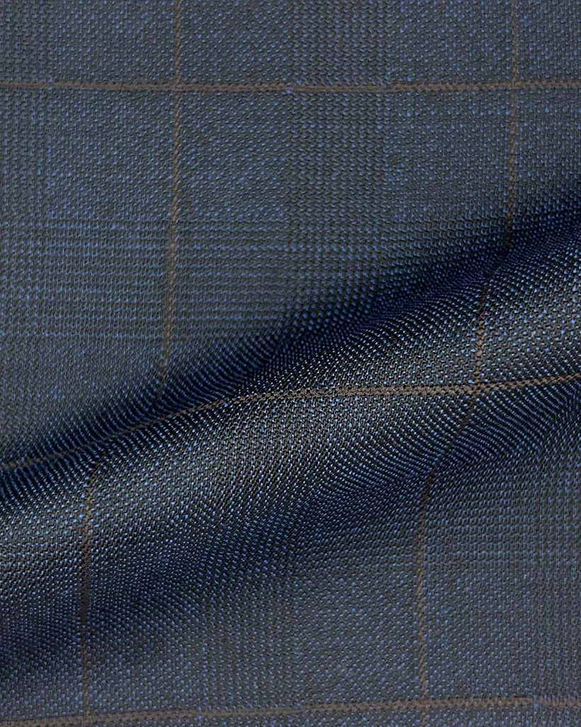 Westwood Hart Online Custom Hand Tailor Suits Sportcoats Trousers Waistcoats Overcoats Made To Measure Formalwear Tuxedo Midnight Blue Blue Glen Plaid With Chocolate Brown Windowpane With Comfort Stretch