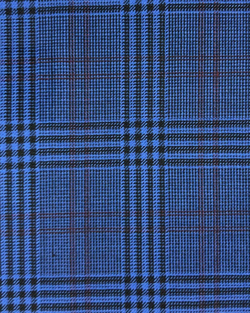 Westwood Hart Online Custom Hand Tailor Suits Sportcoats Trousers Waistcoats Overcoats Made To Measure Formalwear Tuxedo Royal Blue Glen Plaid With Wine Double Windowpane With Comfort Stretch
