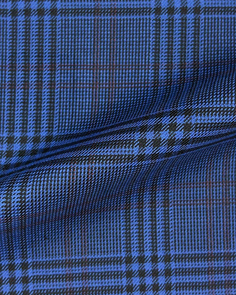 Westwood Hart Online Custom Hand Tailor Suits Sportcoats Trousers Waistcoats Overcoats Made To Measure Formalwear Tuxedo Royal Blue Glen Plaid With Wine Double Windowpane With Comfort Stretch