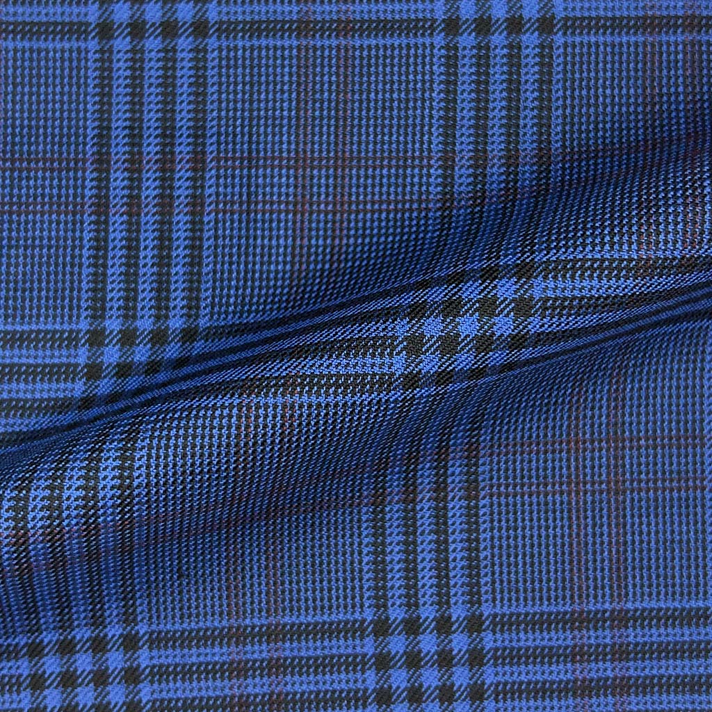 Westwood Hart Online Custom Hand Tailor Suits Sportcoats Trousers Waistcoats Overcoats Made To Measure Formalwear Tuxedo Royal Blue Glen Plaid With Wine Double Windowpane With Comfort Stretch