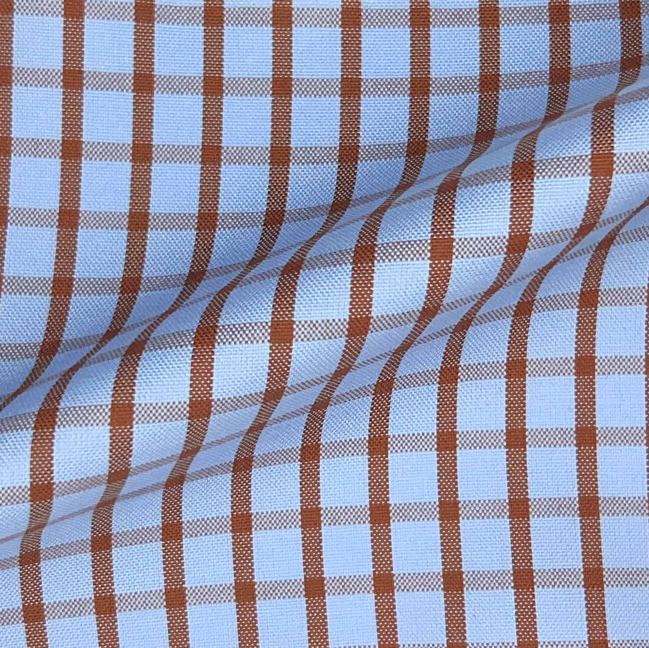 Baby Blue With Brown Grid Check Giza 45 Egyptian Cotton Dress Shirt Cloth