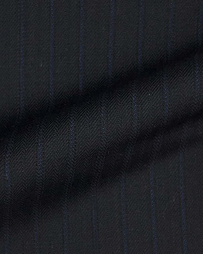 Lanifico Cerruti Nobility Super 150's Virgin Wool Westwood Hart Online Custom Hand Tailor Suits Sportcoats Trousers Waistcoats Overcoats Made To Measure Formalwear Tuxedo Black With Blue Pinstripes