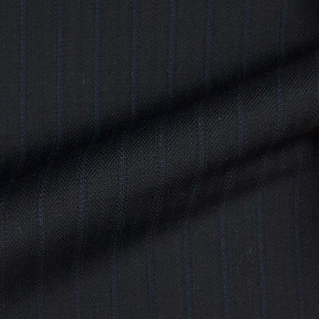 Lanifico Cerruti Nobility Super 150's Virgin Wool Westwood Hart Online Custom Hand Tailor Suits Sportcoats Trousers Waistcoats Overcoats Made To Measure Formalwear Tuxedo Black With Blue Pinstripes