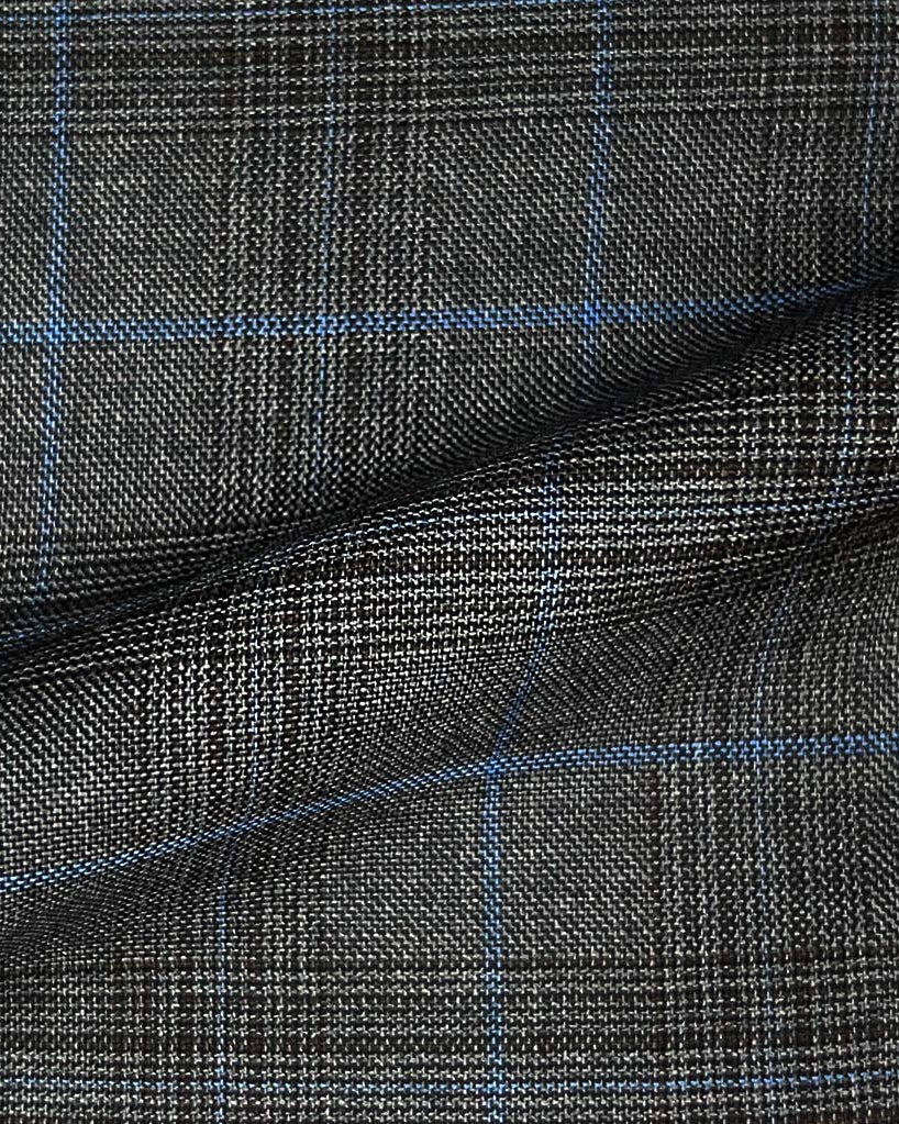 Lanifico Cerruti Nobility Super 150's Virgin Wool Westwood Hart Online Custom Hand Tailor Suits Sportcoats Trousers Waistcoats Overcoats Made To Measure Formalwear Tuxedo Grey Glen Plaid With Blue Windowpane