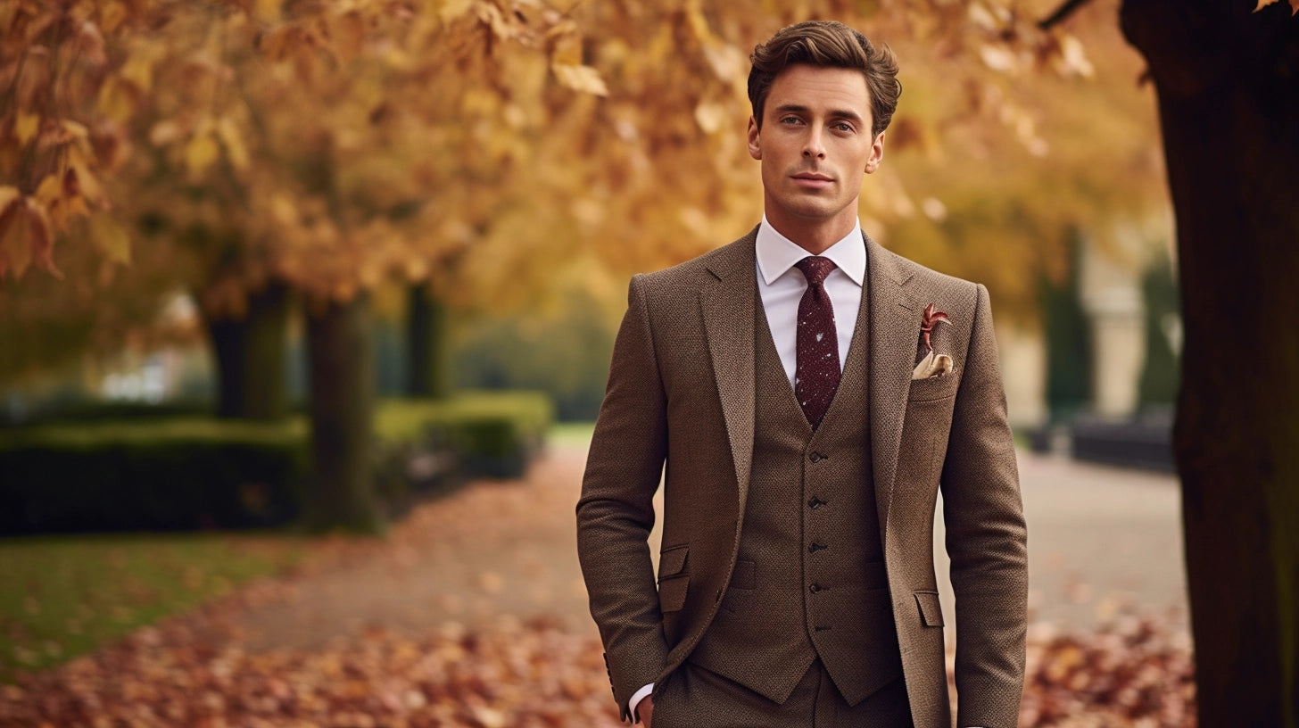 Man wearinig a Harris Tweed suit embodying autumn mens fashion.