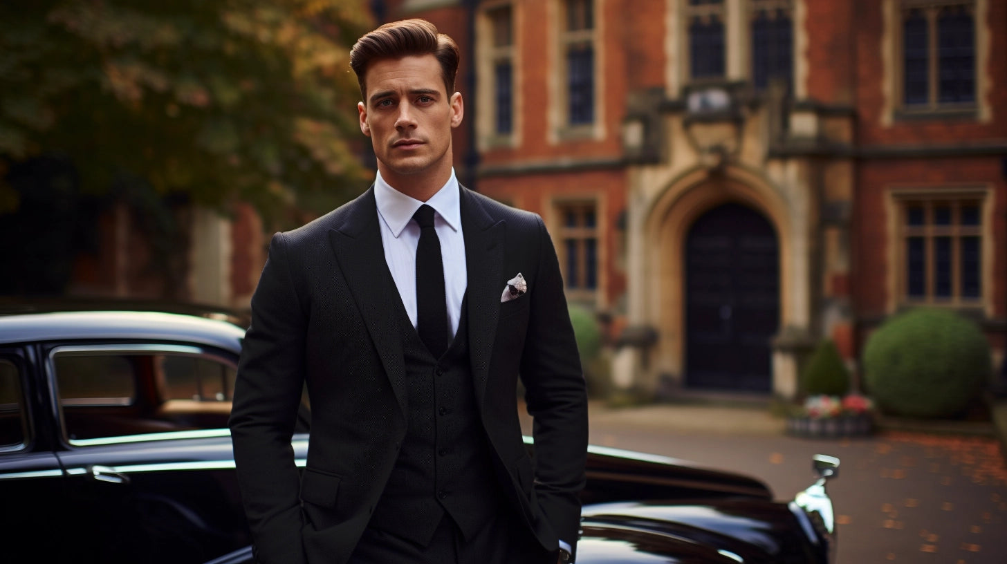 Elegant black suit display at Westwood Hart, showcasing classic style.