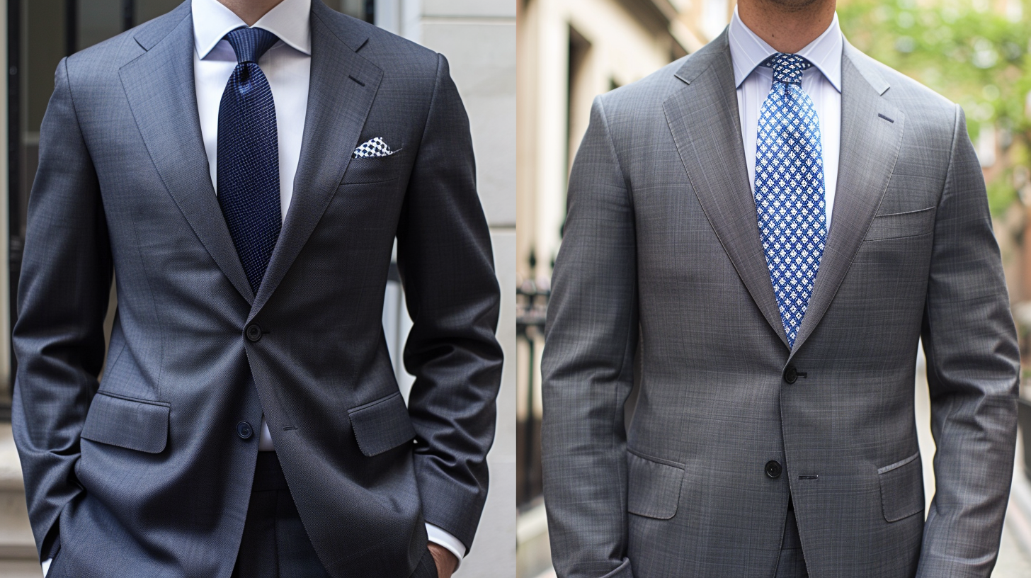 Side-by-side comparison of British and American tailoring styles in men's suits