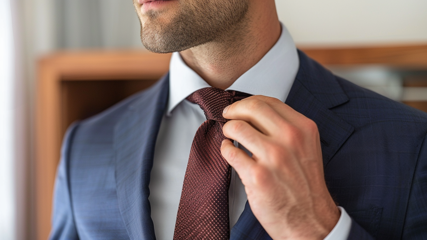 Close-up of a man adjusting a burgundy silk tie with a navy blue business suit and white dress shirt in a minimalist dressing room.