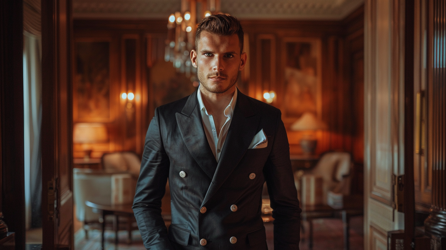 Double-breasted jacket showcasing formality and peak lapels