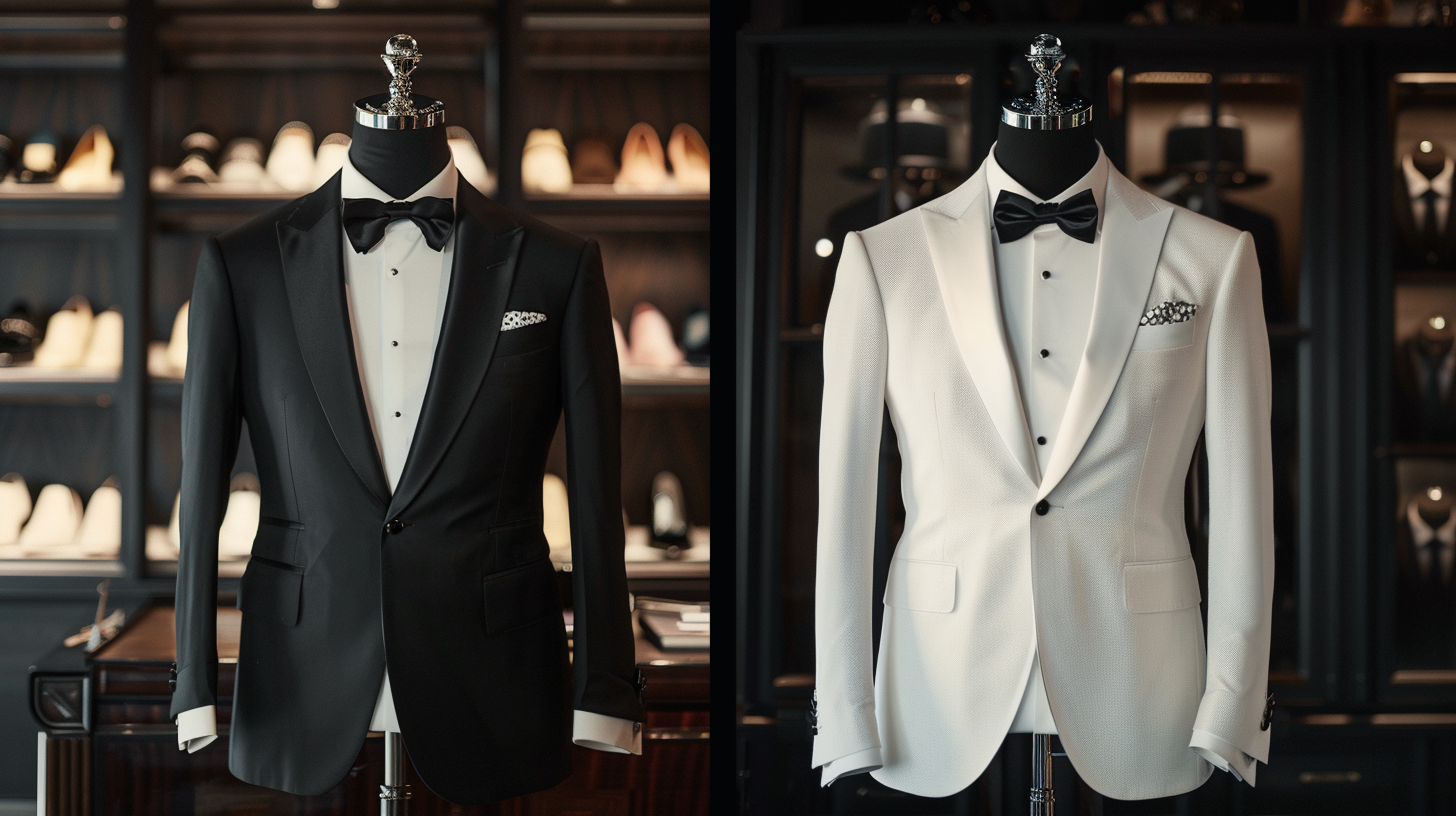 Comparison of classic black tie tuxedo and white dinner jacket formal wear