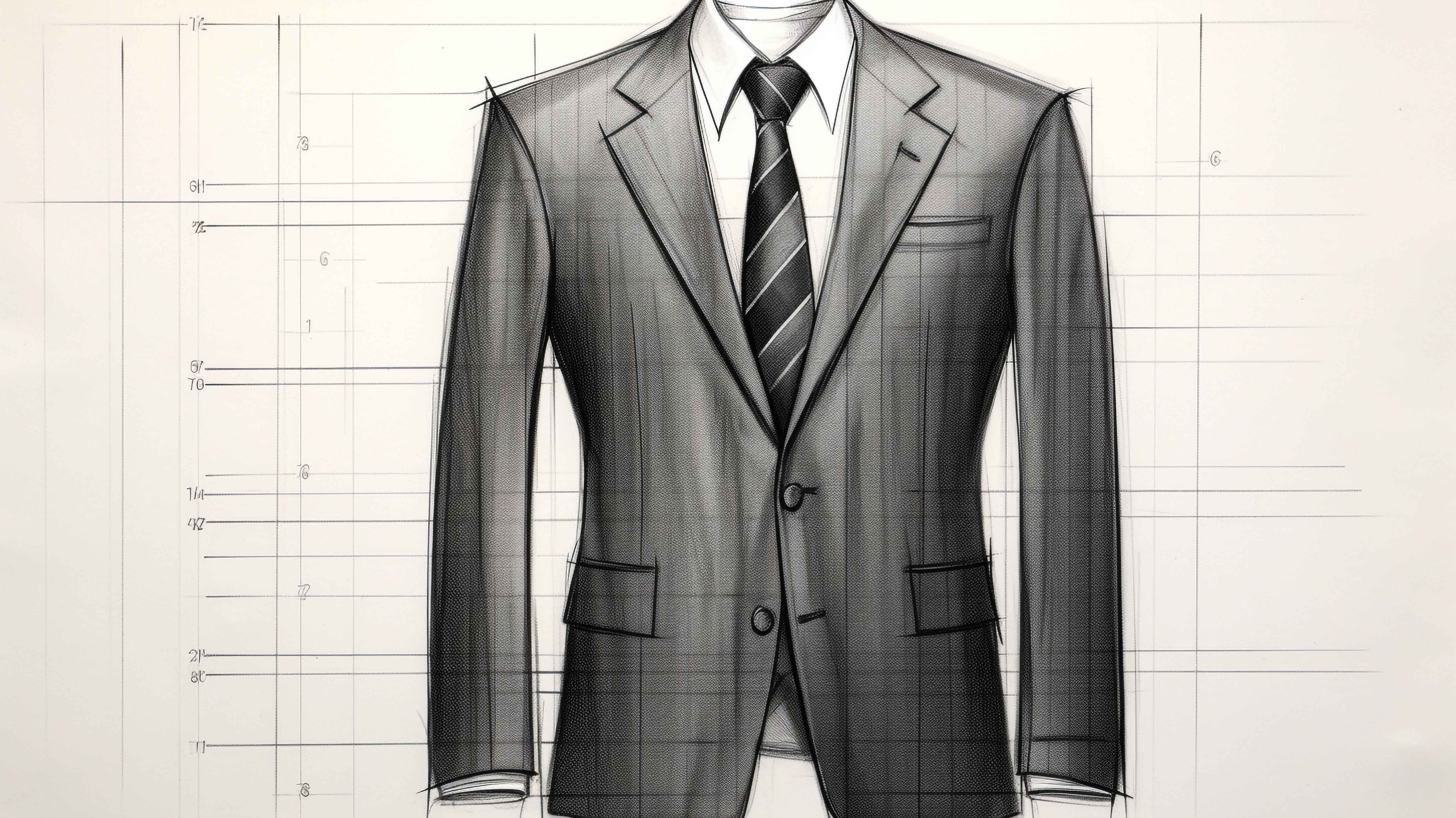 Sketch illustrating bespoke suit design, emphasizing lapel width, gorge height, and lapel length, key elements in custom tailoring