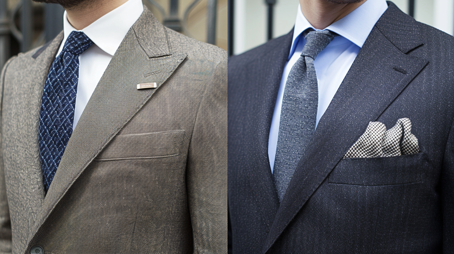 Side-by-side comparison of notch and peak lapels on navy and charcoal wool suit jackets showcasing distinct lapel styles in men's formal wear