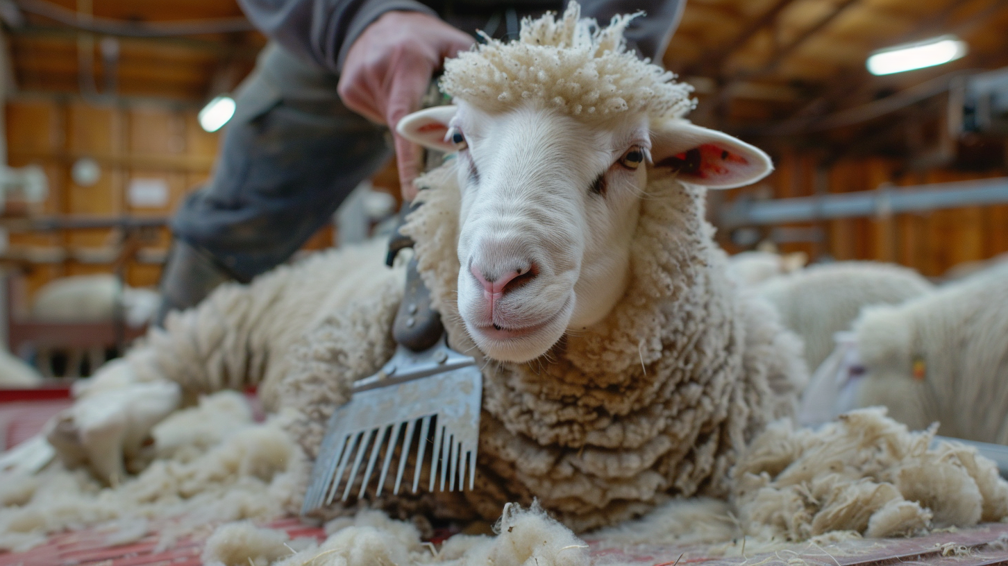 Shearing process of sheep's wool with electric clippers in a shearing shed