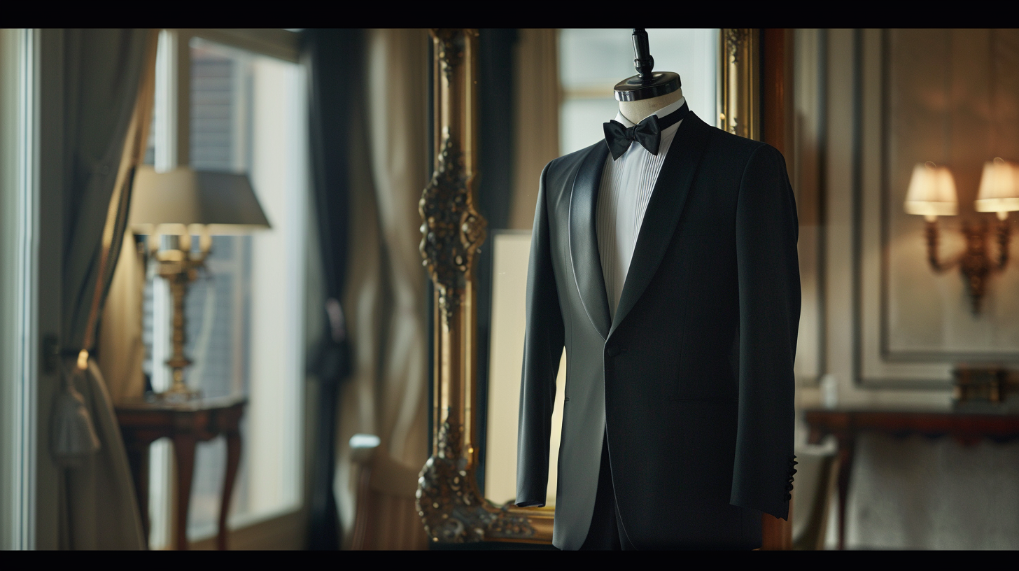Single-button black dinner jacket paired with matching black trousers featuring a single ribbon of braid on the outside leg, displayed on a mannequin in a well-lit room