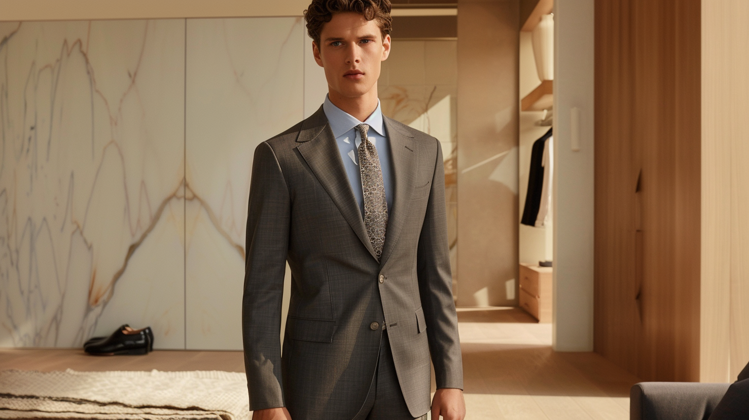 Well-fitted navy suit for men showcasing classic style and sophistication with a perfect fit in the shoulders, chest, and waist, tailored to highlight a sleek silhouette