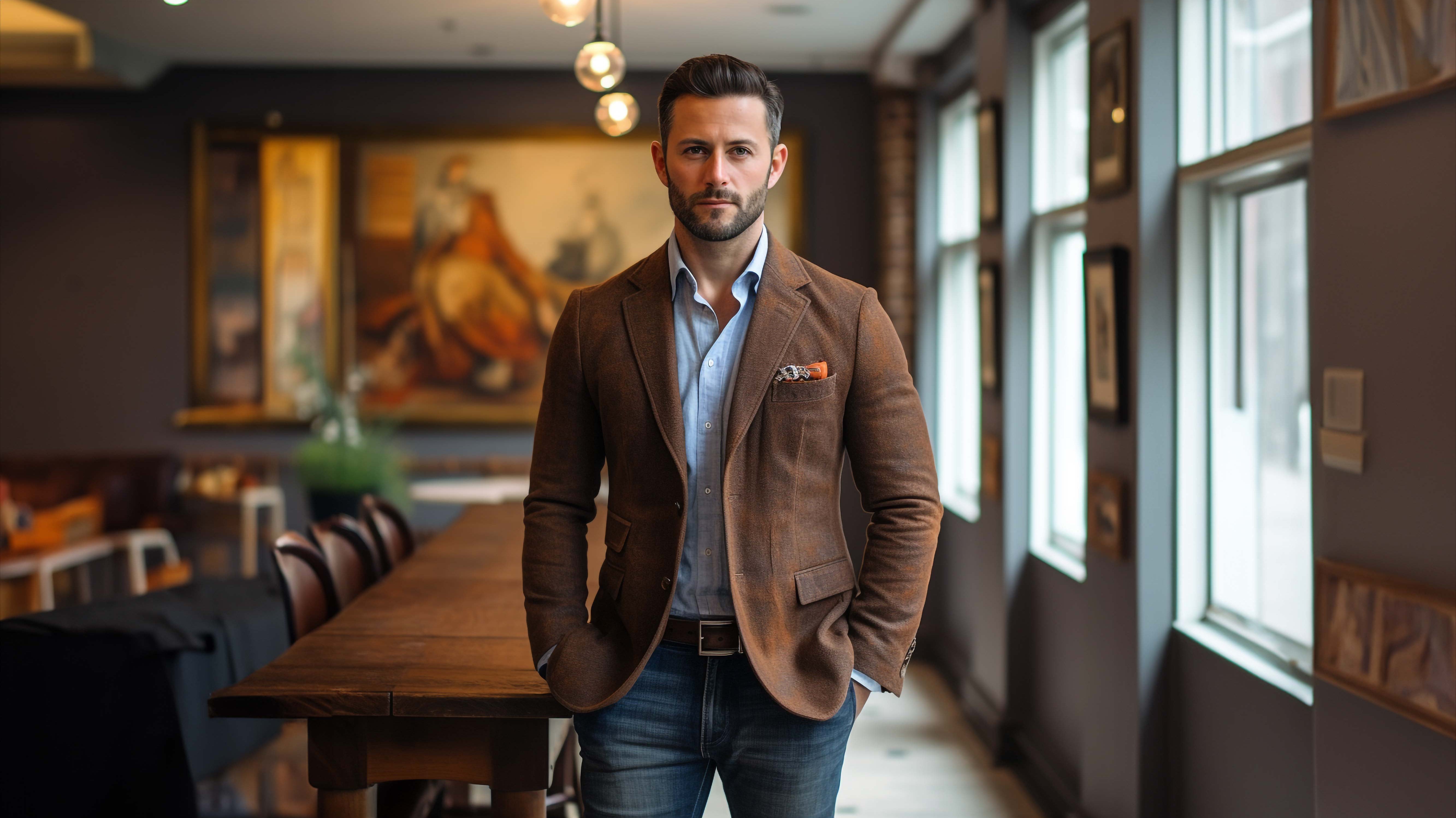 Stylish man showcasing Westwood Hart's tailored brown sport coat paired with jeans and a light blue shirt, exemplifying contemporary workwear and garment choices.