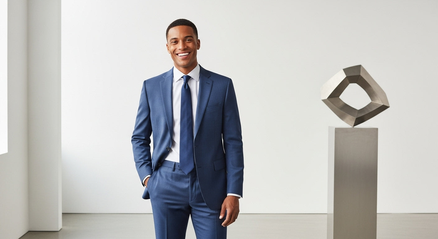 American men's style evolution navy suit jacket white dress shirt modern menswear classless society clothing casual professional attire US fashion history contemporary tailoring natural shoulder construction business casual style tips