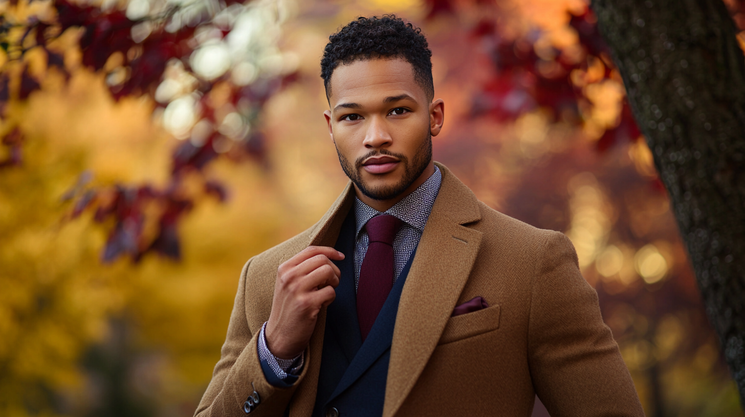 Man in navy suit and camel coat showcasing autumn 2024 men's fashion trends