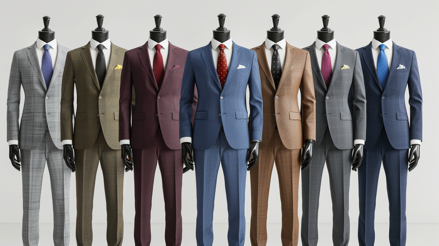 A custom-tailored suit displayed in a modern office setting.