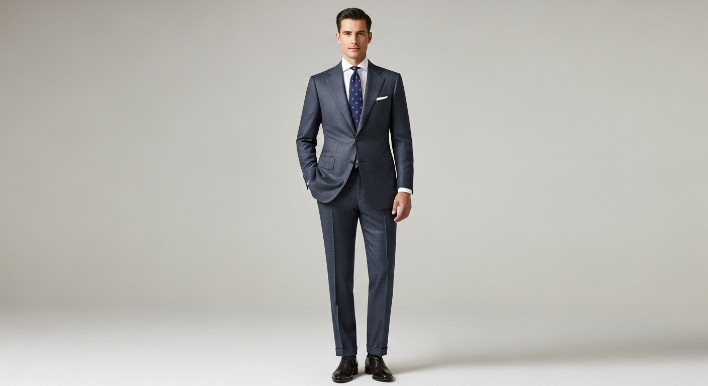 Bespoke suit details showing custom tailoring features, made-to-measure suit construction, suit lapel types, and bespoke tailoring terminology with precise fitting and hand-crafted elements