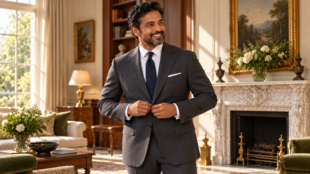 Bespoke three button suit and the classic details that make it a true original