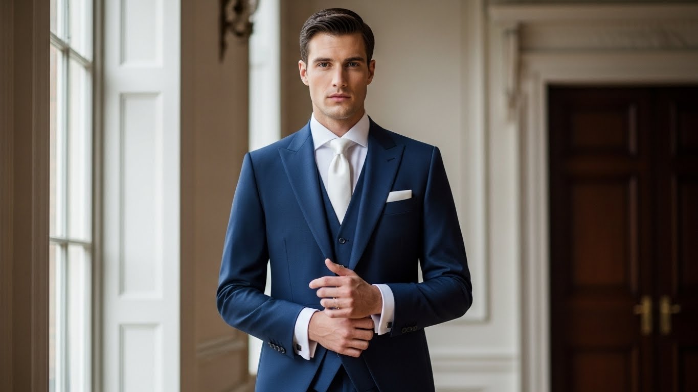 Bespoke wedding suits London showcasing contemporary wedding suits with tailored fit and unique wedding suits for men featuring custom fabric selection and stylish groom attire for formal events and weddings