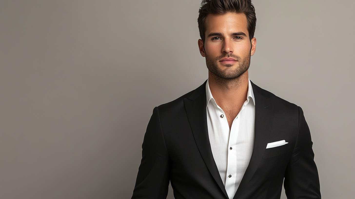 Professional male model wearing tailored black suit, crisp white shirt, standing against neutral background, demonstrating classic men's business attire