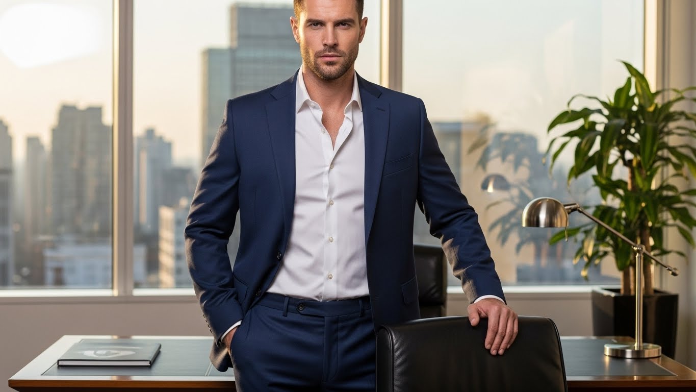 Navy blazer vs sport coat comparison showing solid color tailored jacket with notch lapel and classic horn buttons for men's formal and business casual wardrobe essentials