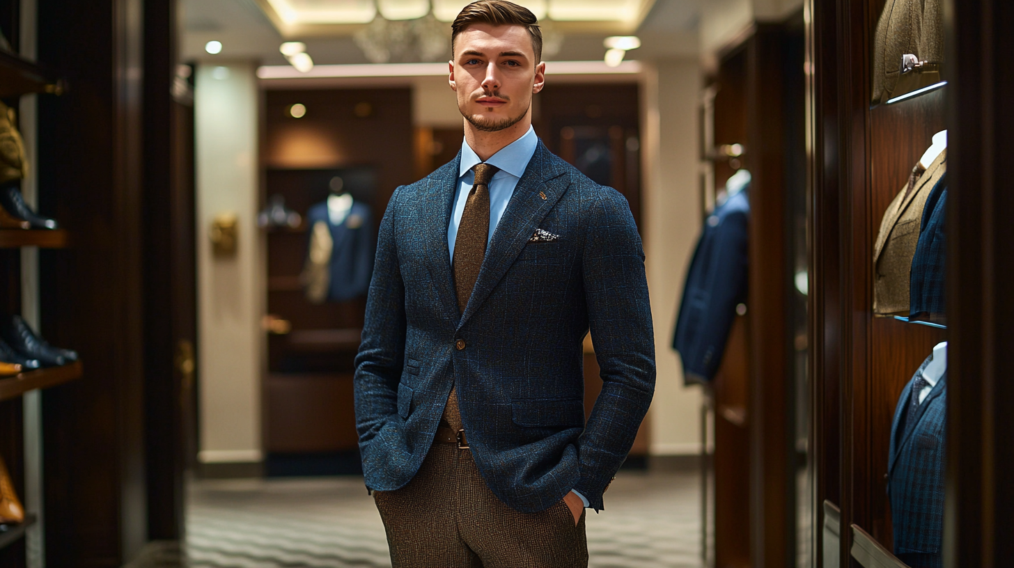 Man wearing blue suit jacket and matching vest combined with brown trousers