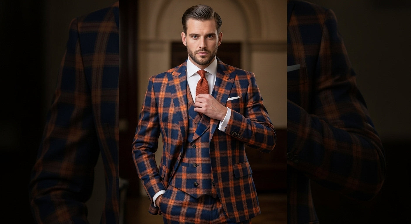 Bold pattern suits featuring large scale check designs for men who want to make a statement with confident tailoring choices and bespoke details for weddings parties and special occasions